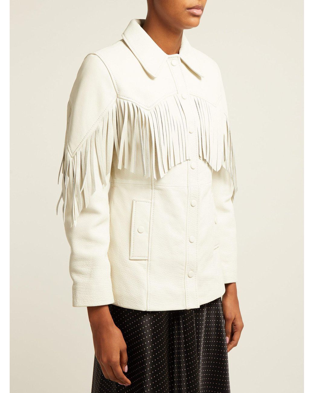 Ganni Angela Fringed Leather Jacket in White | Lyst