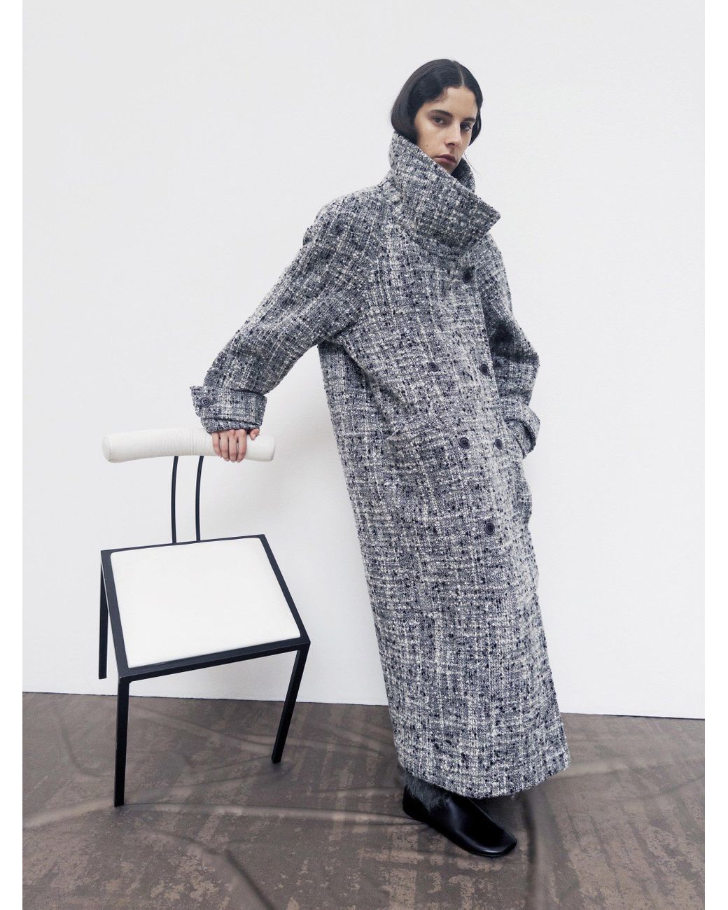 Boucle funnel neck coat top