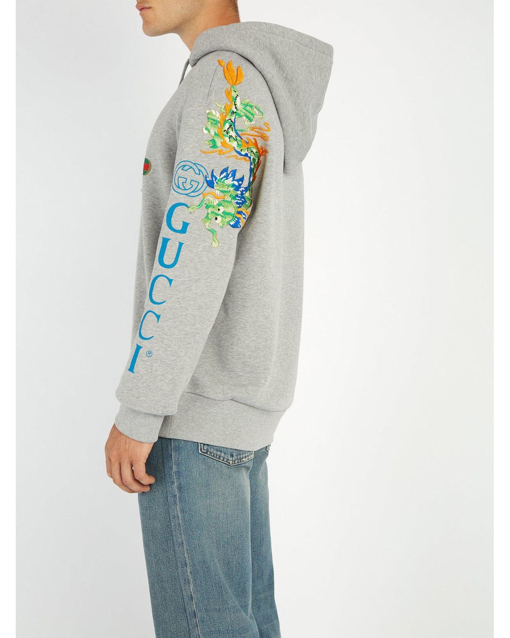 Gucci Dragon And Logo Hooded Sweatshirt in Gray for Men | Lyst