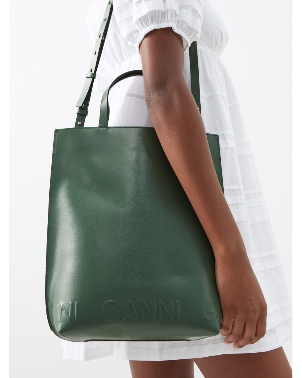 Ganni Banner Logo-embossed Recycled-leather Tote Bag in Green | Lyst