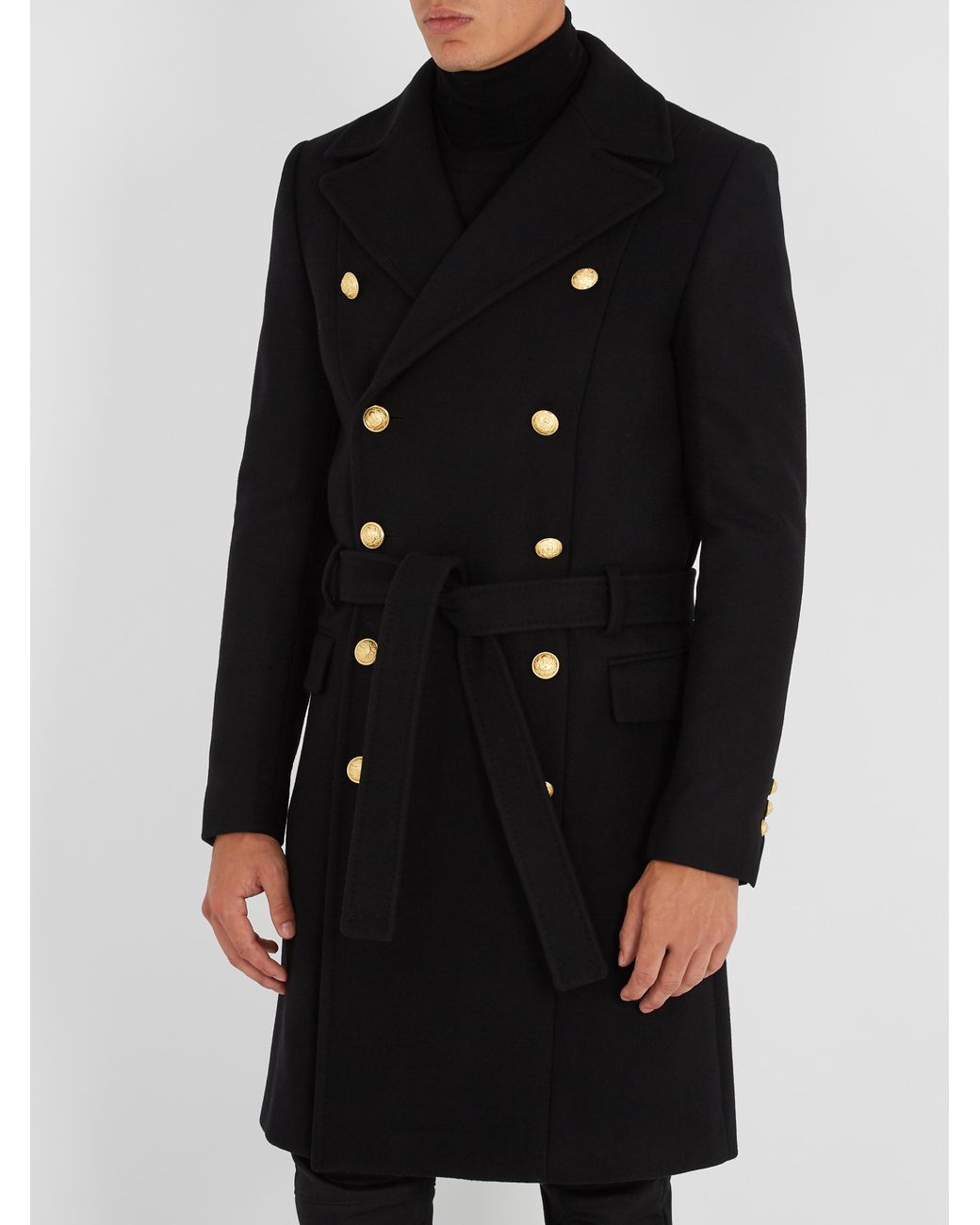 Balmain Double-breasted Wool-blend Military Coat in Black for Men