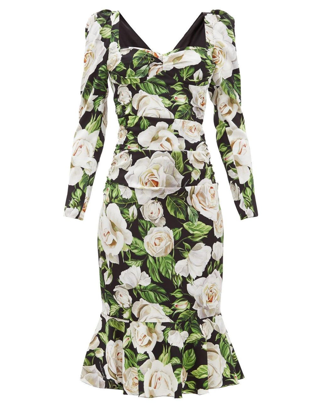 Dolce & Gabbana Rose-print Sweetheart-neck Silk-blend Dress in Green | Lyst