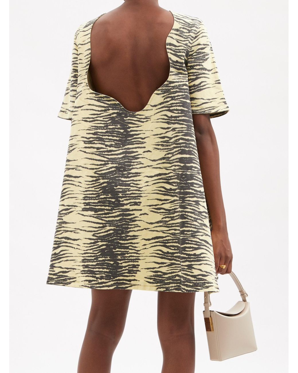 Ganni Zebra-print Organic Cotton-blend Denim Mini Dress in Yellow | Lyst