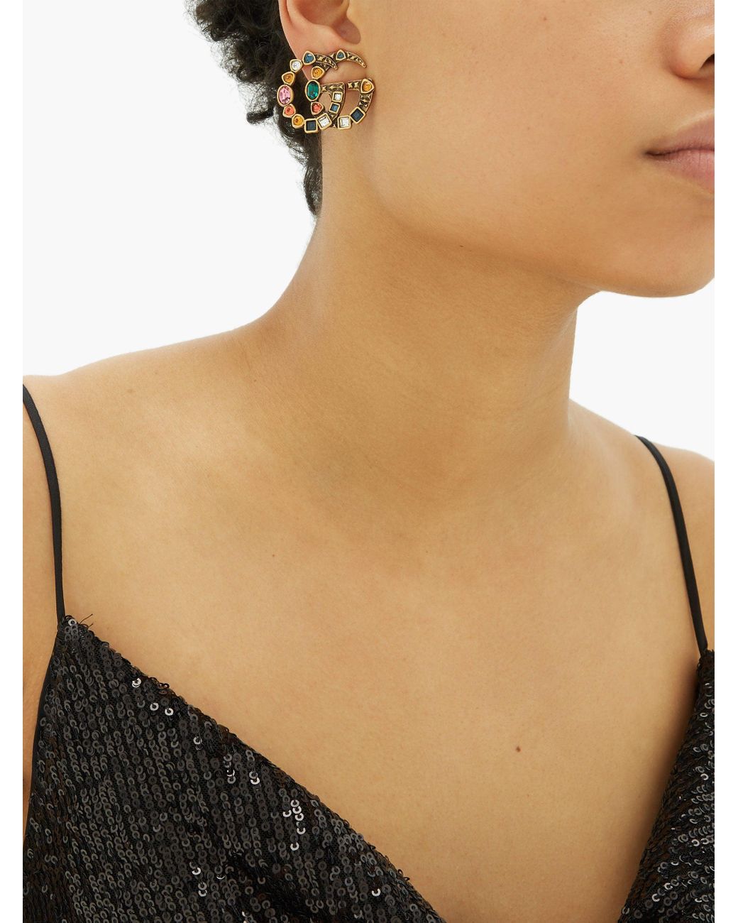 Gucci GG Crystal embellished Antiqued Clip Earrings in Metallic Lyst