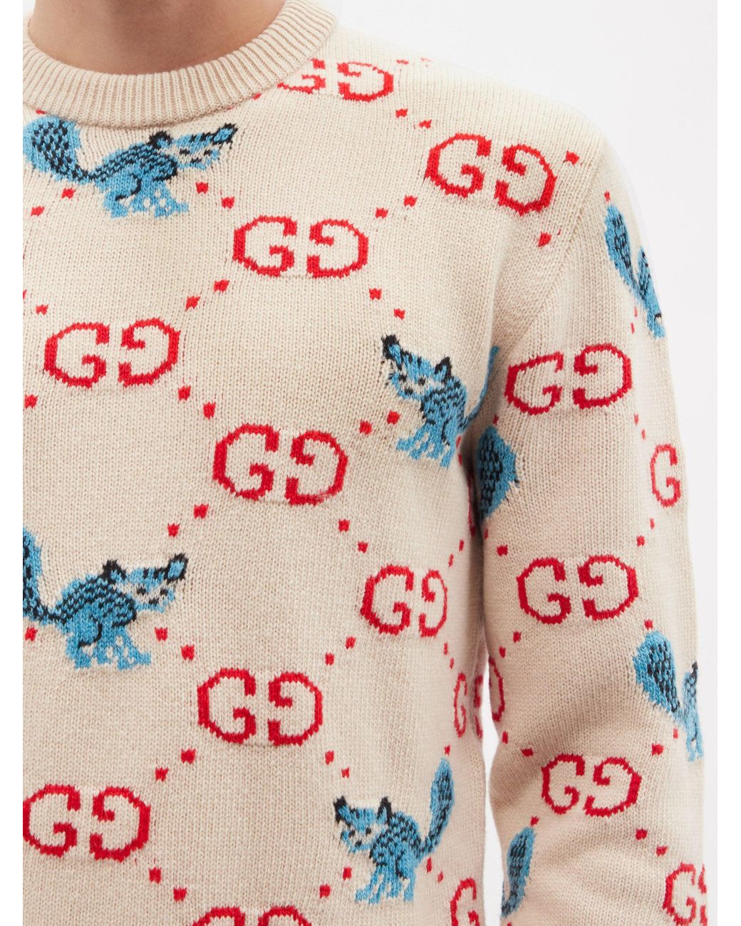 メンズ Gucci GG&アニマルインターシャ ウールセーター ピンク | Lyst