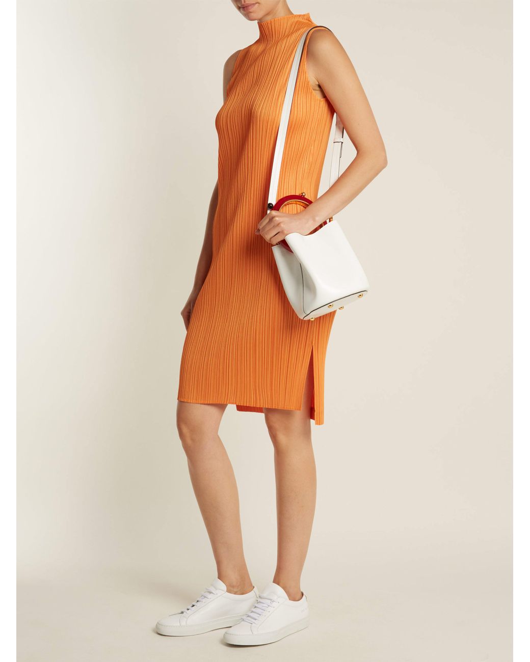 Pleats Please Issey Miyake High Neck Pleated Dress in Orange