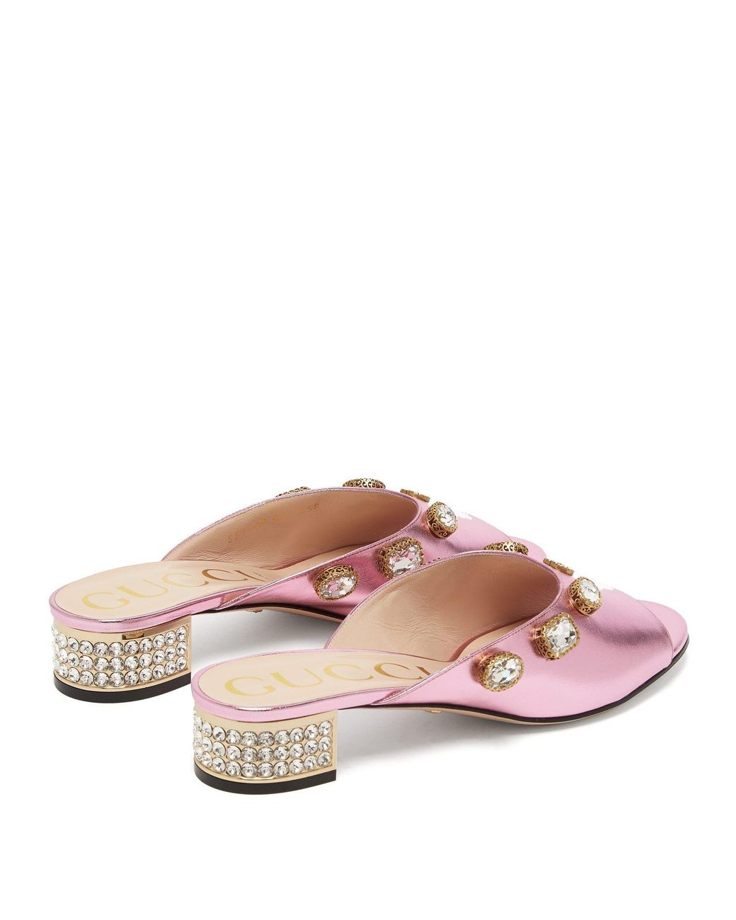 Gucci Lyric Crystal Embellished Leather Mules in Pink | Lyst