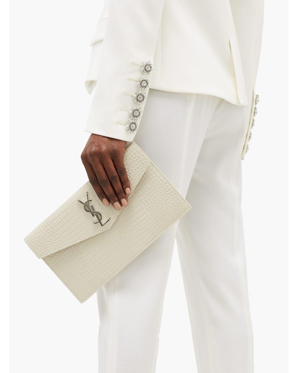 Saint Laurent Uptown Ysl plaque Croc effect Leather Pouch in White