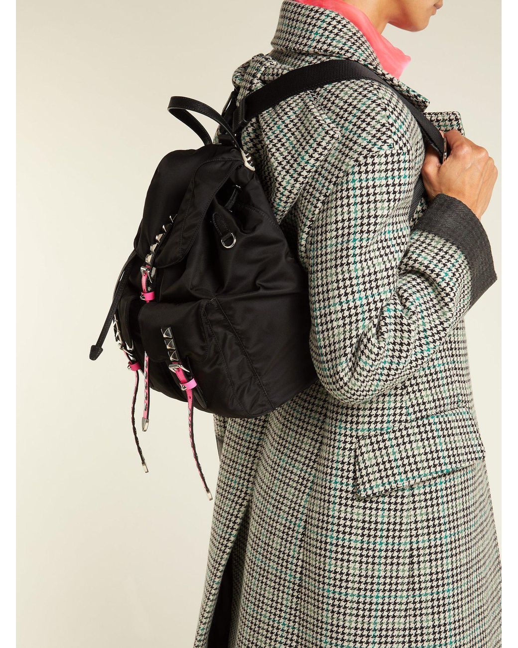 Prada New Vela Studded Nylon Backpack in Black | Lyst