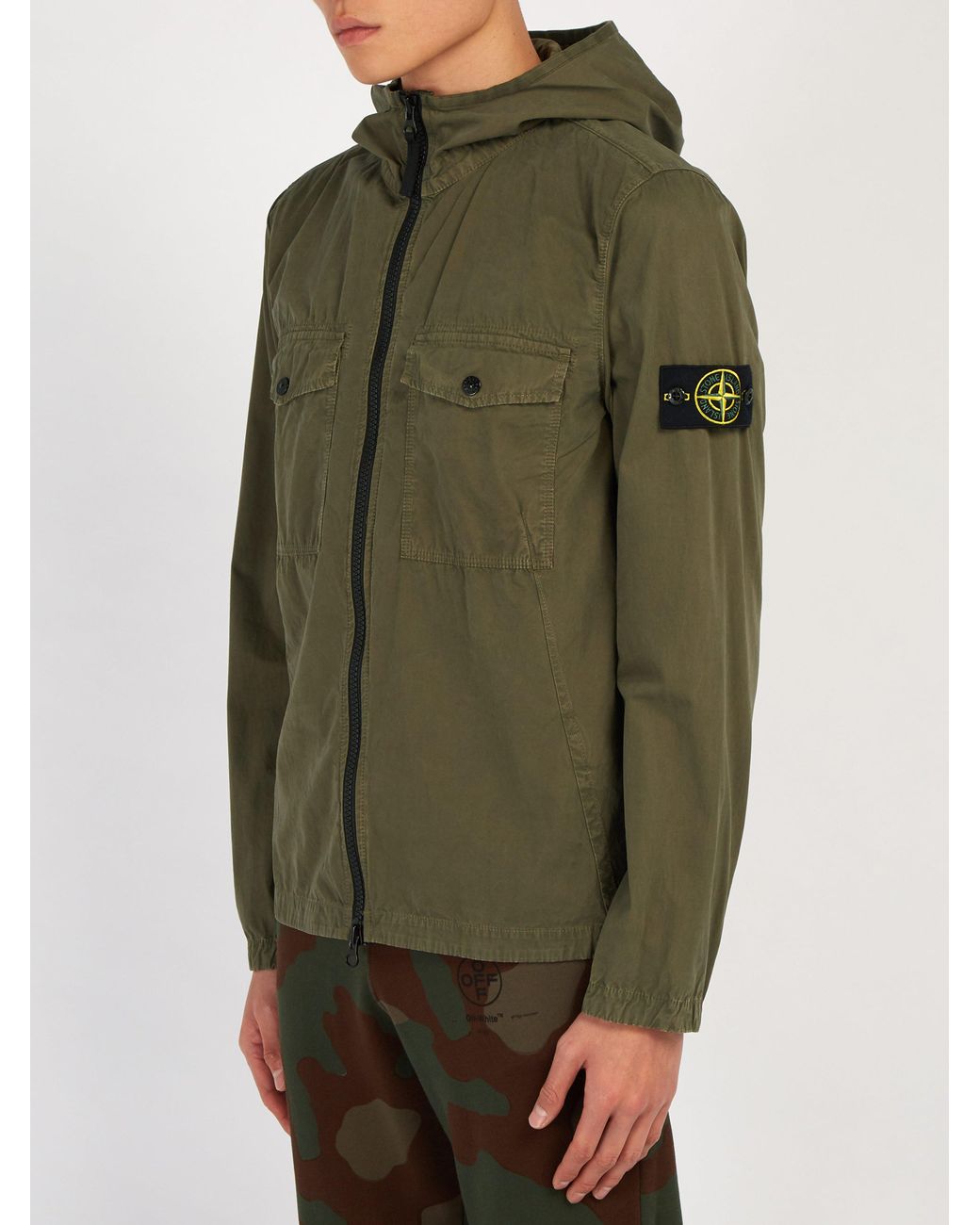Stone Island Hooded Zip Through Cotton Overshirt in Green for Men | Lyst UK