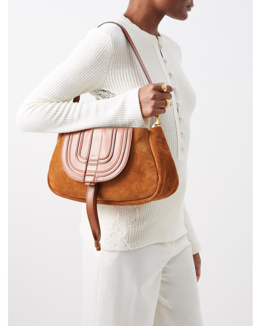 Chloé Marcie Suede And Leather Baguette Bag in White | Lyst