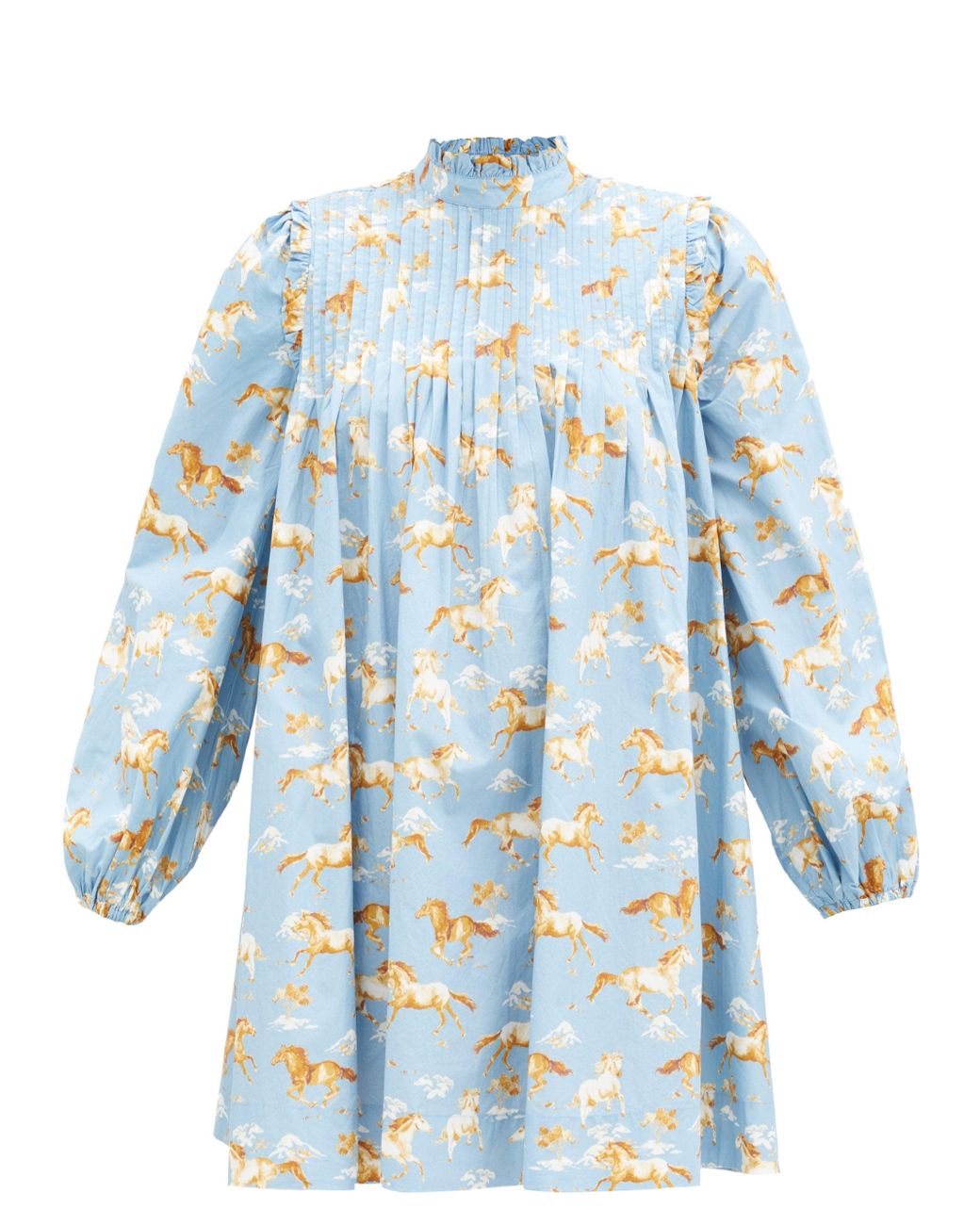Ganni Horse-print Pintucked Cotton Smock Dress in Blue | Lyst