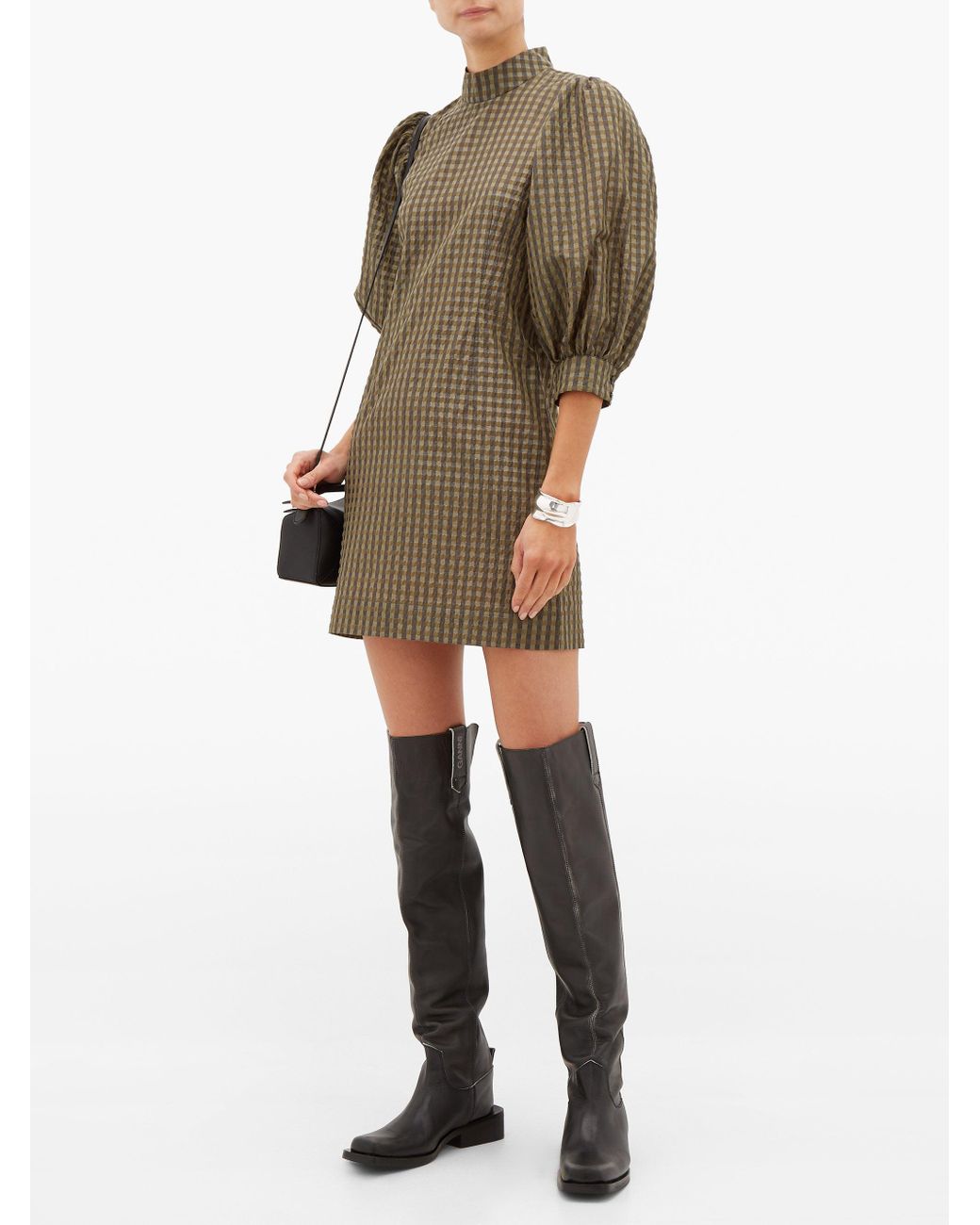 Ganni Puff-sleeve Gingham Seersucker Mini Dress | Lyst