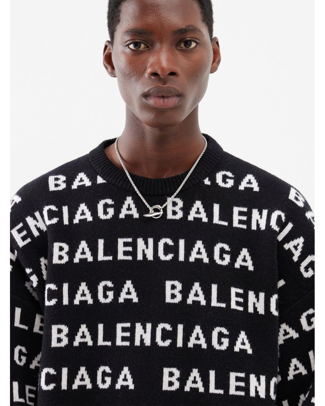Balenciaga Logo-intarsia Knitted Wool-blend Sweater in Black for Men | Lyst