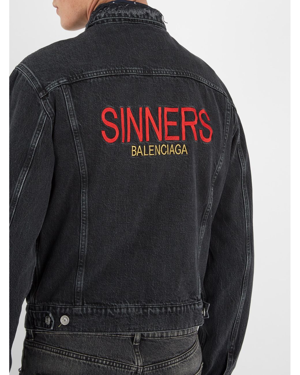 Balenciaga Sinners-embroidered Denim Jacket in Dark Grey (Grey) for Men |  Lyst UK