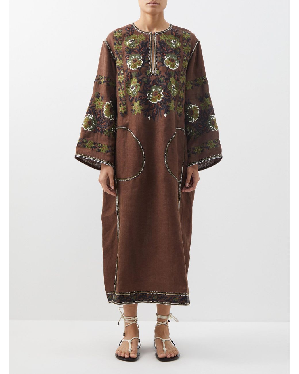 Vita Kin Milena Floralembroidered Linen Kaftan Dress in Brown Lyst UK