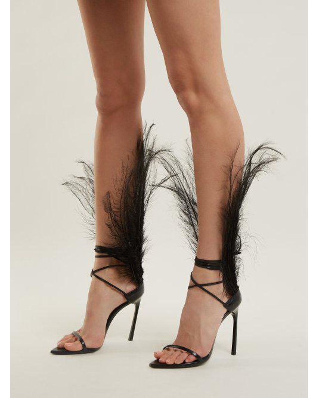 Saint Laurent Iris Ostrich Feather-trimmed Stiletto Sandals in Black | Lyst  UK