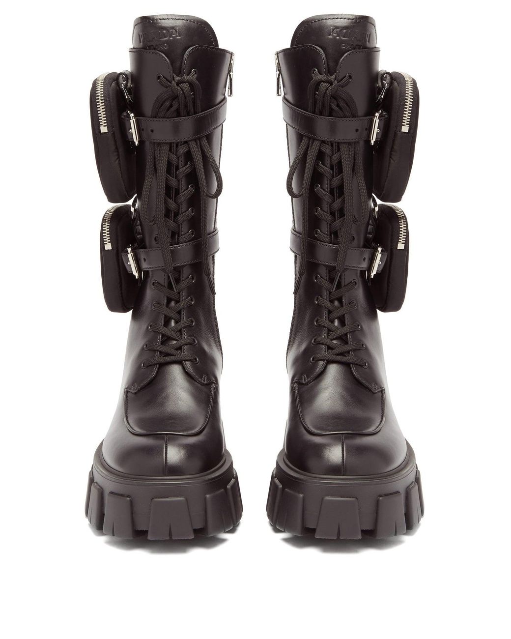 Prada Detachable Pouch Lace Up Leather Boots in Black | Lyst