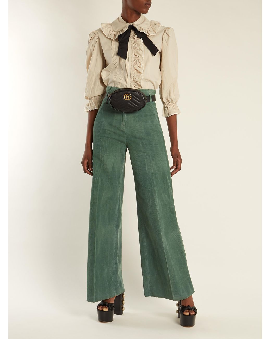 Gucci Wide leg Cotton blend Corduroy Trousers in Green Lyst