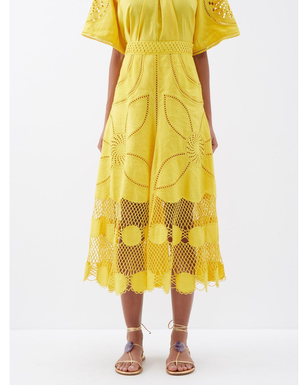 Ulla Johnson Annora Crocheted Linen Midi Skirt in Yellow | Lyst