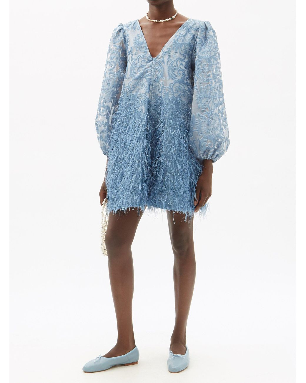 Ganni Feather-trim Brocade Mini Dress in Blue | Lyst