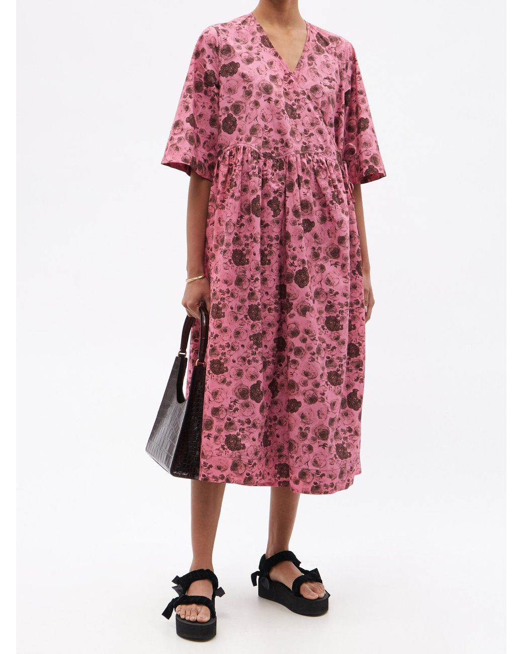 Ganni Floral-print Organic-cotton Poplin Midi Wrap Dress in Pink | Lyst
