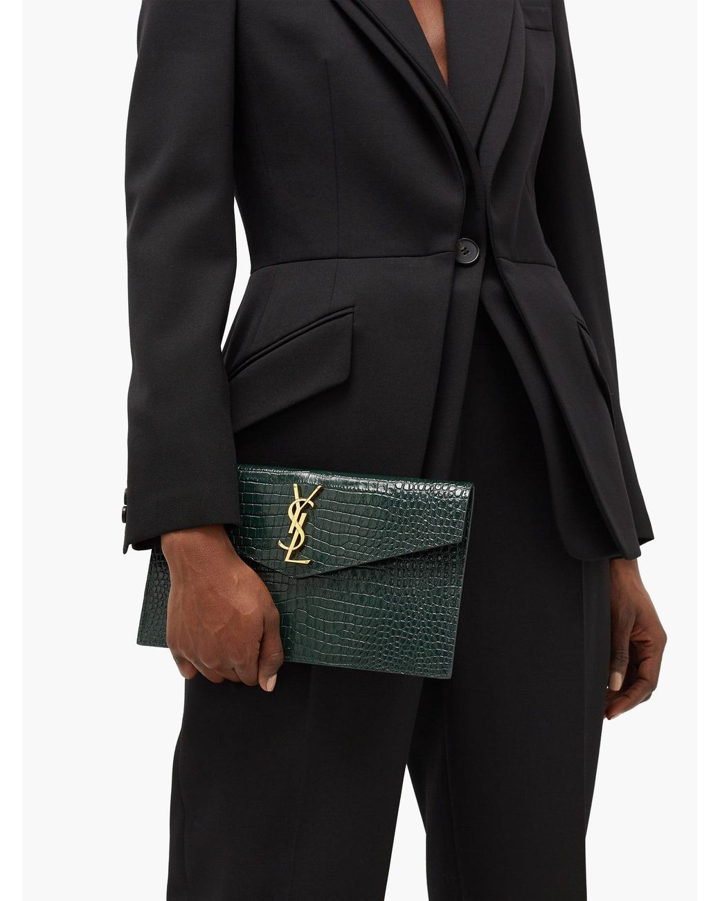 Saint Laurent Uptown Ysl-plaque Croc-effect Leather Pouch in Green