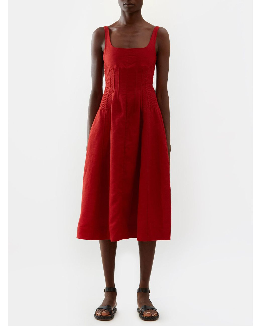 Chloé Squareneck Corseted Linen Midi Dress in Red Lyst