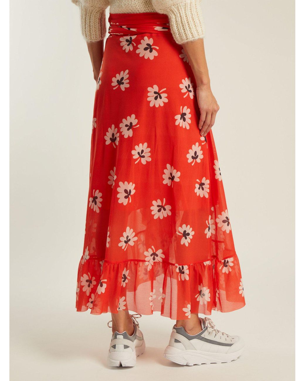 Ganni Tilden Floral Mesh Ruffled Midi Wrap Skirt in Red | Lyst