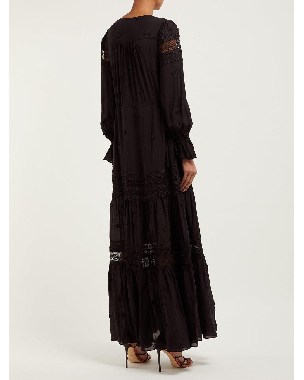 Self Portrait Plumetis Lace Insert Voile Maxi Dress in Black Lyst