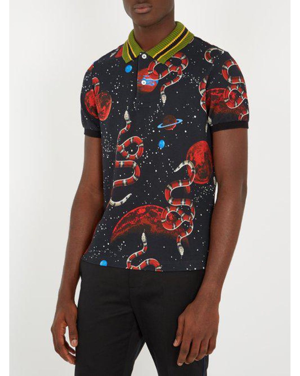 Gucci Snake-printed Polo Shirt in Black for Men | Lyst