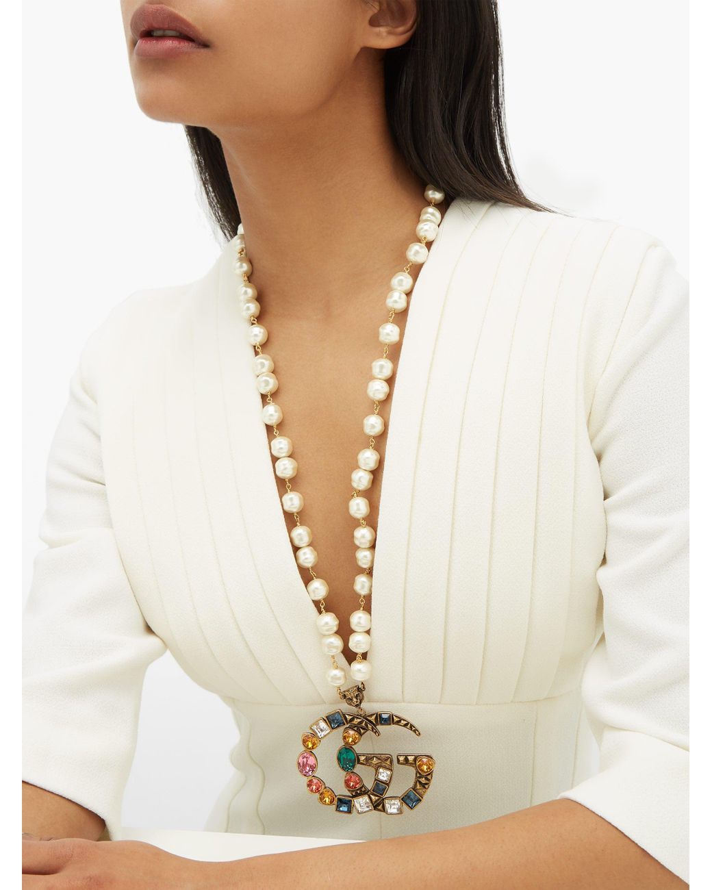 Gucci GG Crystal-embellished Pearl Necklace in Metallic | Lyst