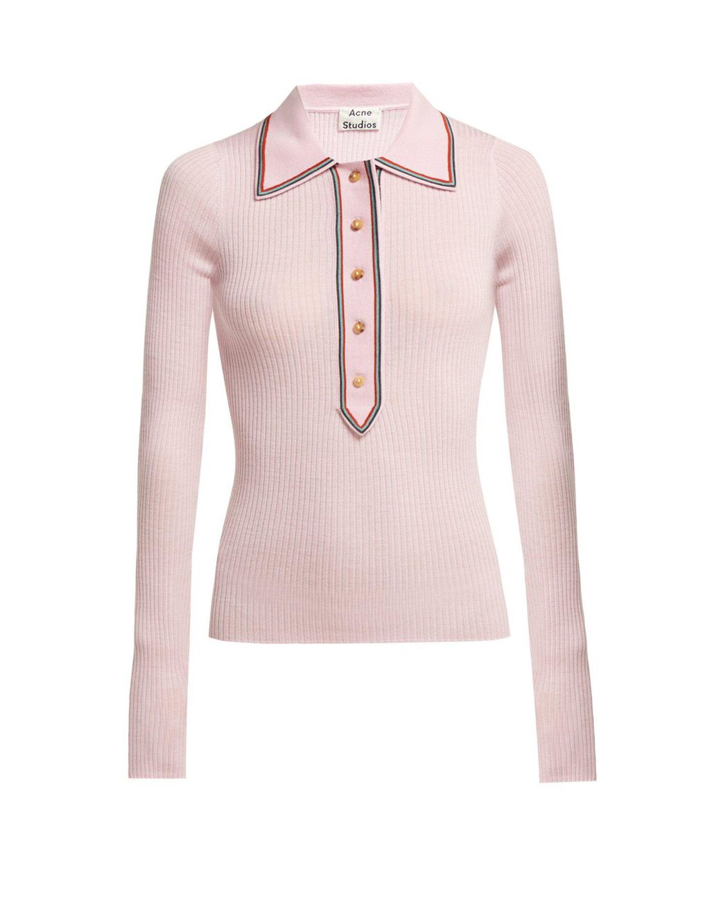 Acne Studios Contrast-trim Long-sleeved Wool Polo Shirt in Pink | Lyst