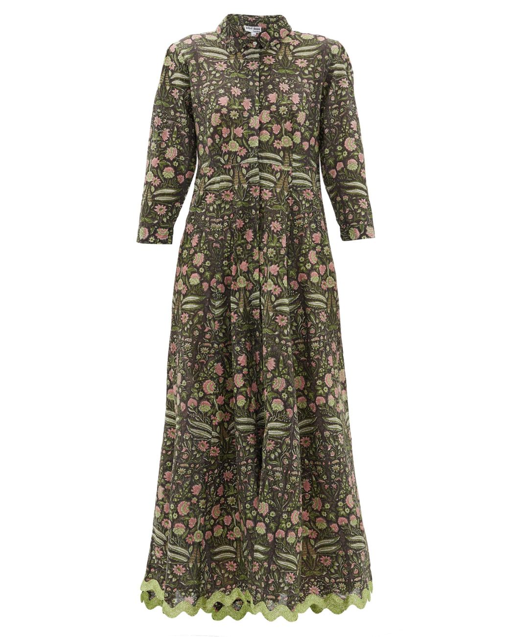 Juliet Dunn Floral-print Metallic-trim Cotton Shirt Dress in Green ...