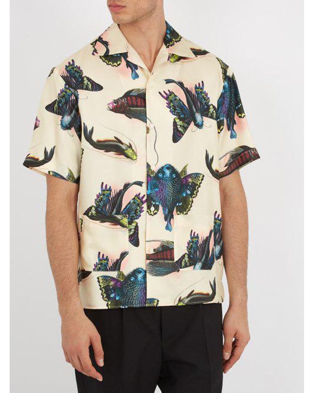 Gucci Fish-print Short-sleeved Silk-satin Twill Shirt for | Lyst