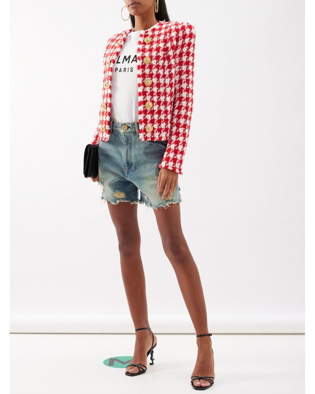Balmain Red Collarless Houndstooth tweed Jacket