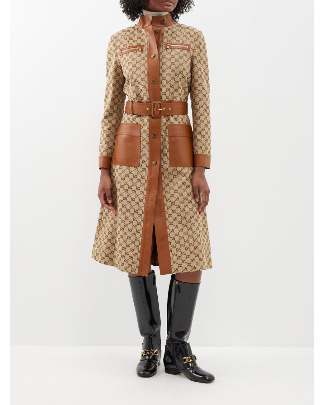 Gucci GG-canvas Leather-trim Trench Coat in Natural | Lyst