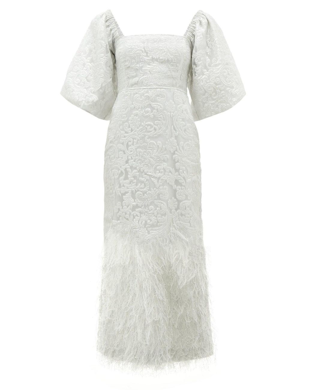 Ganni Floral-brocade Puff-sleeve Feathered-skirt Dress in White | Lyst