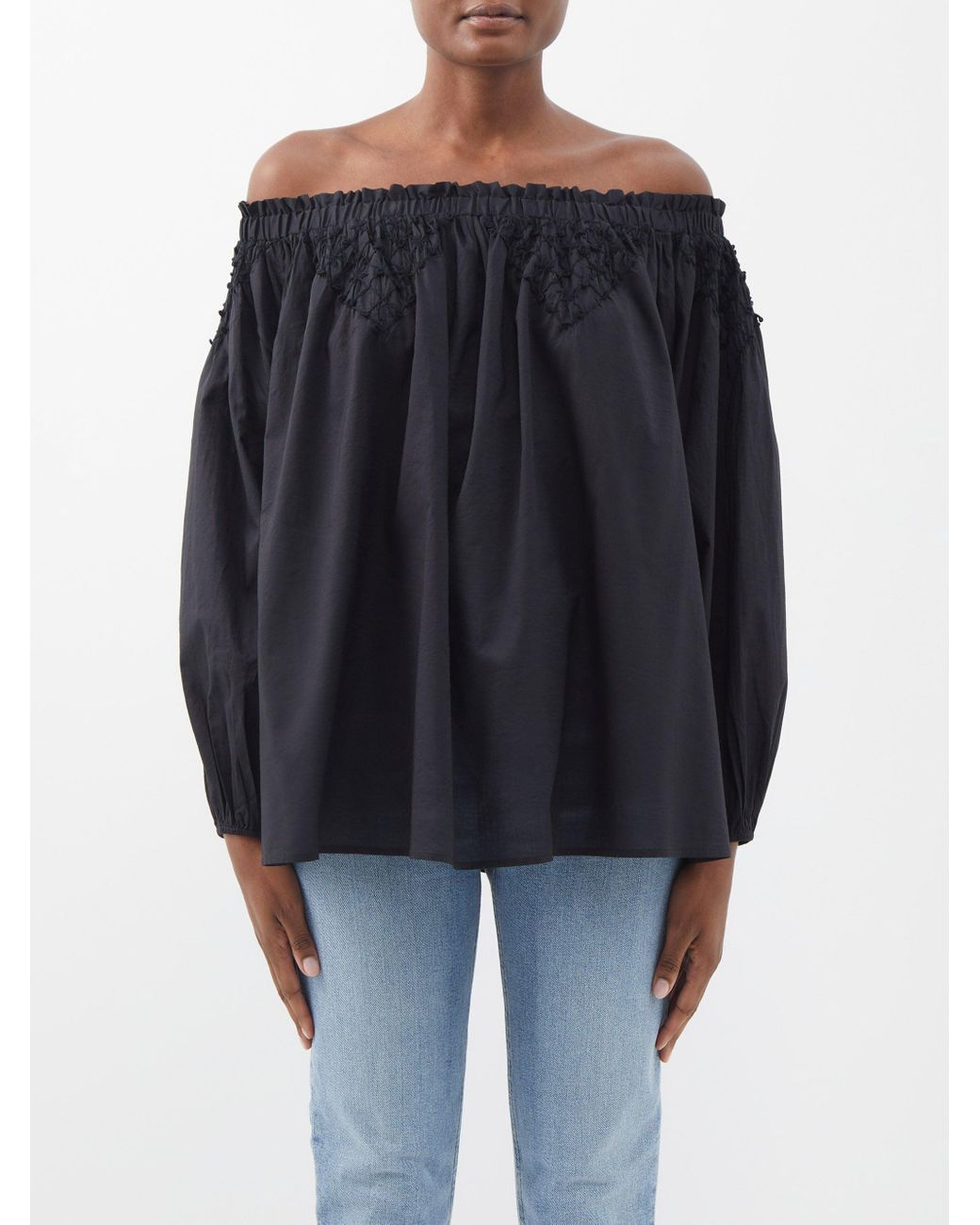 Merlette Marle Off-the-shoulder Smocked Pima-cotton Top in Black | Lyst