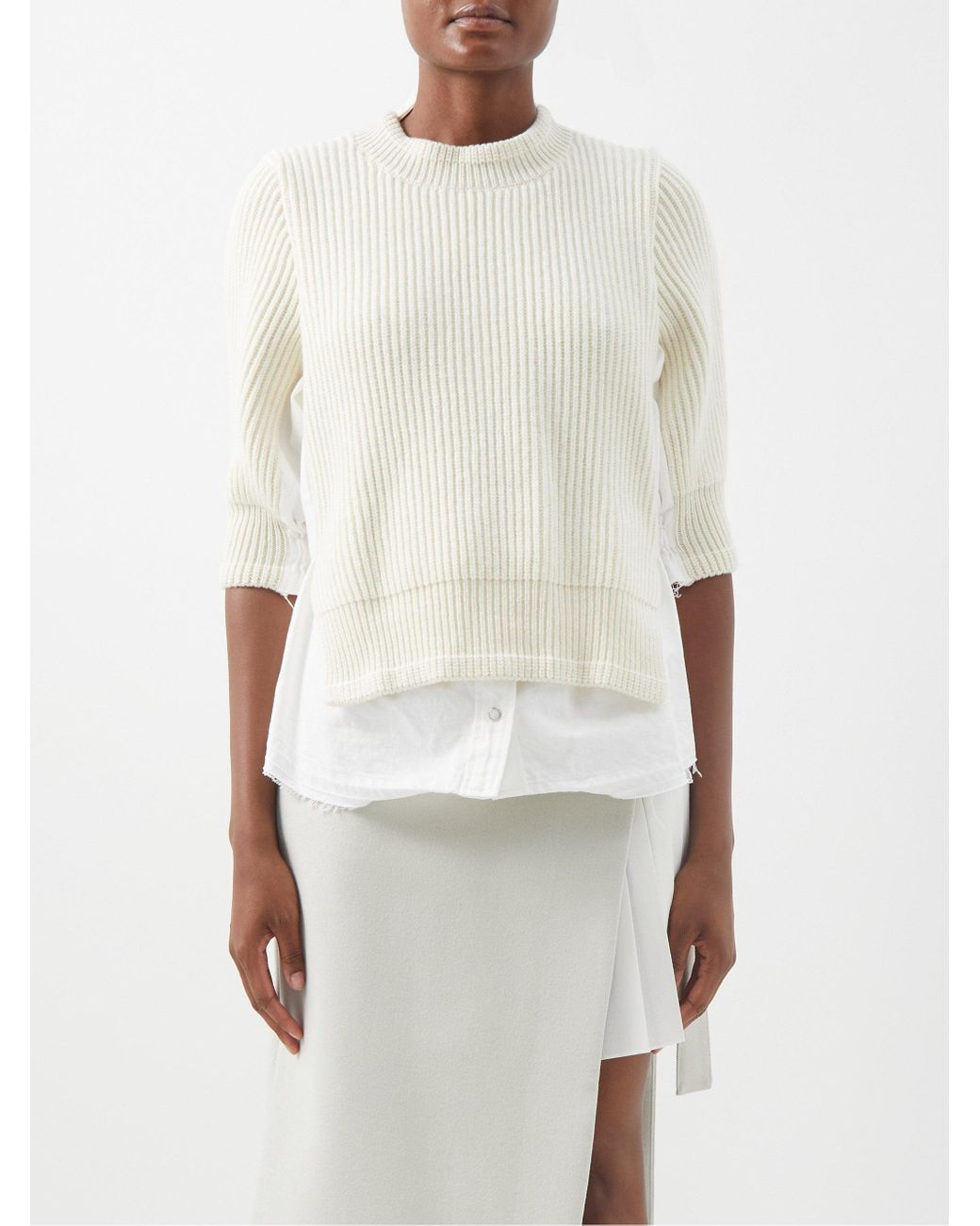 Sacai Ribbed-knit Wool And Denim Top in White | Lyst