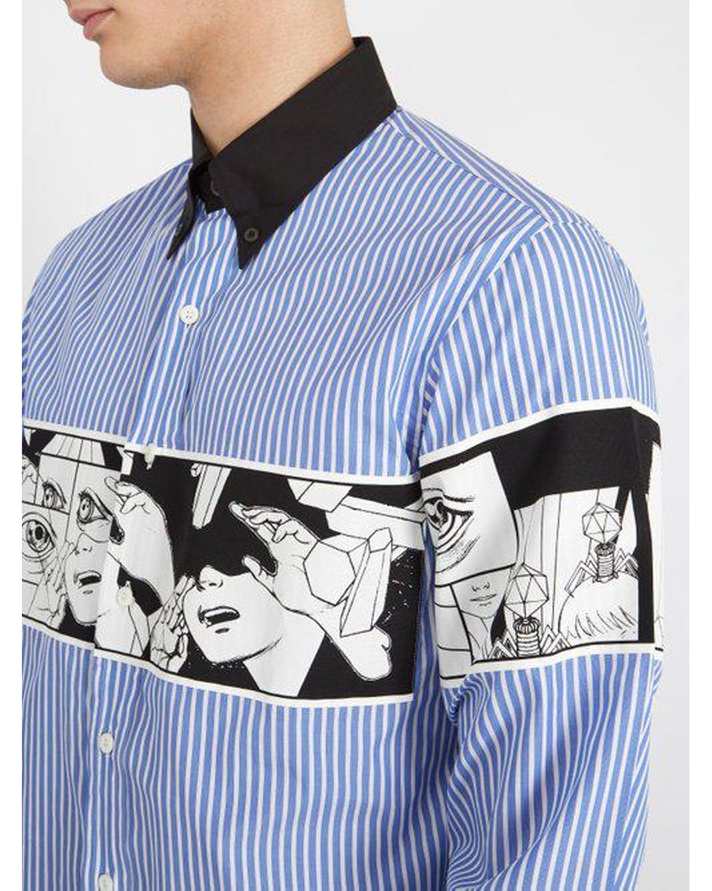 Prada Comic-print Striped Cotton-poplin Shirt in Blue for Men | Lyst