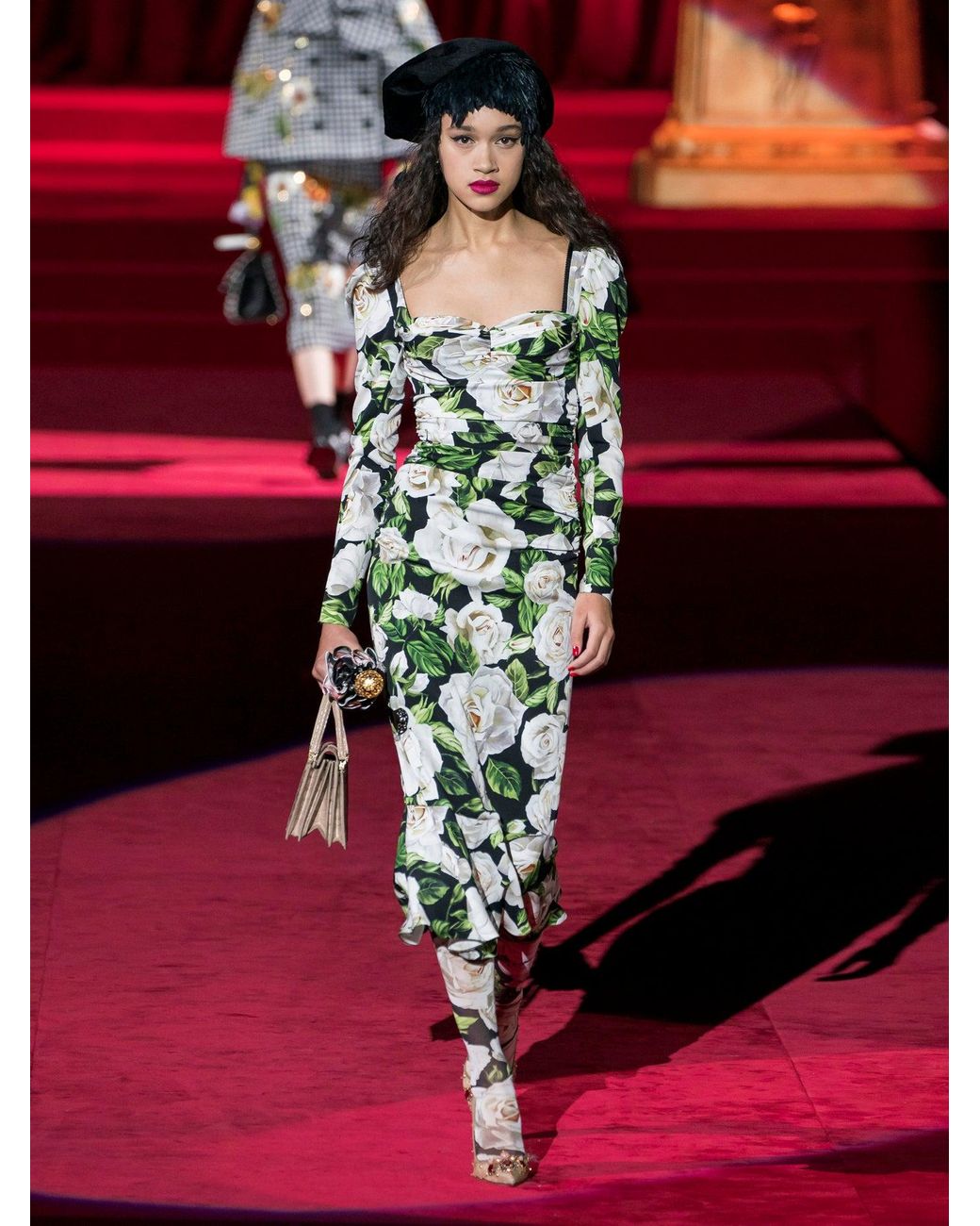 Dolce & Gabbana Rose-print Sweetheart-neck Silk-blend Dress in Green | Lyst