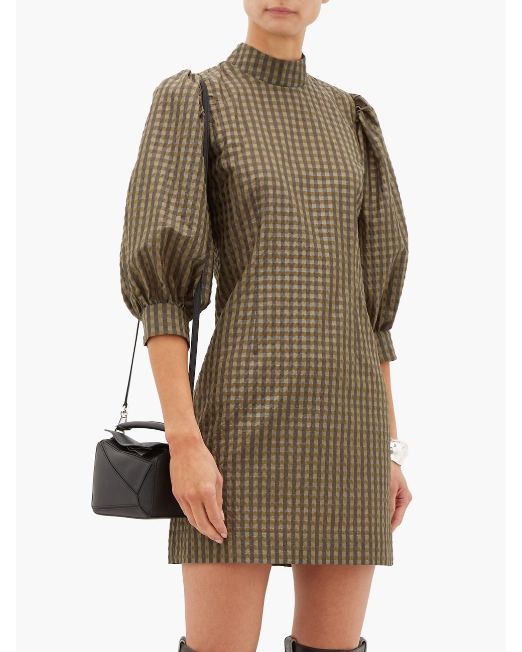 Ganni Puff Sleeve Seersucker Dress