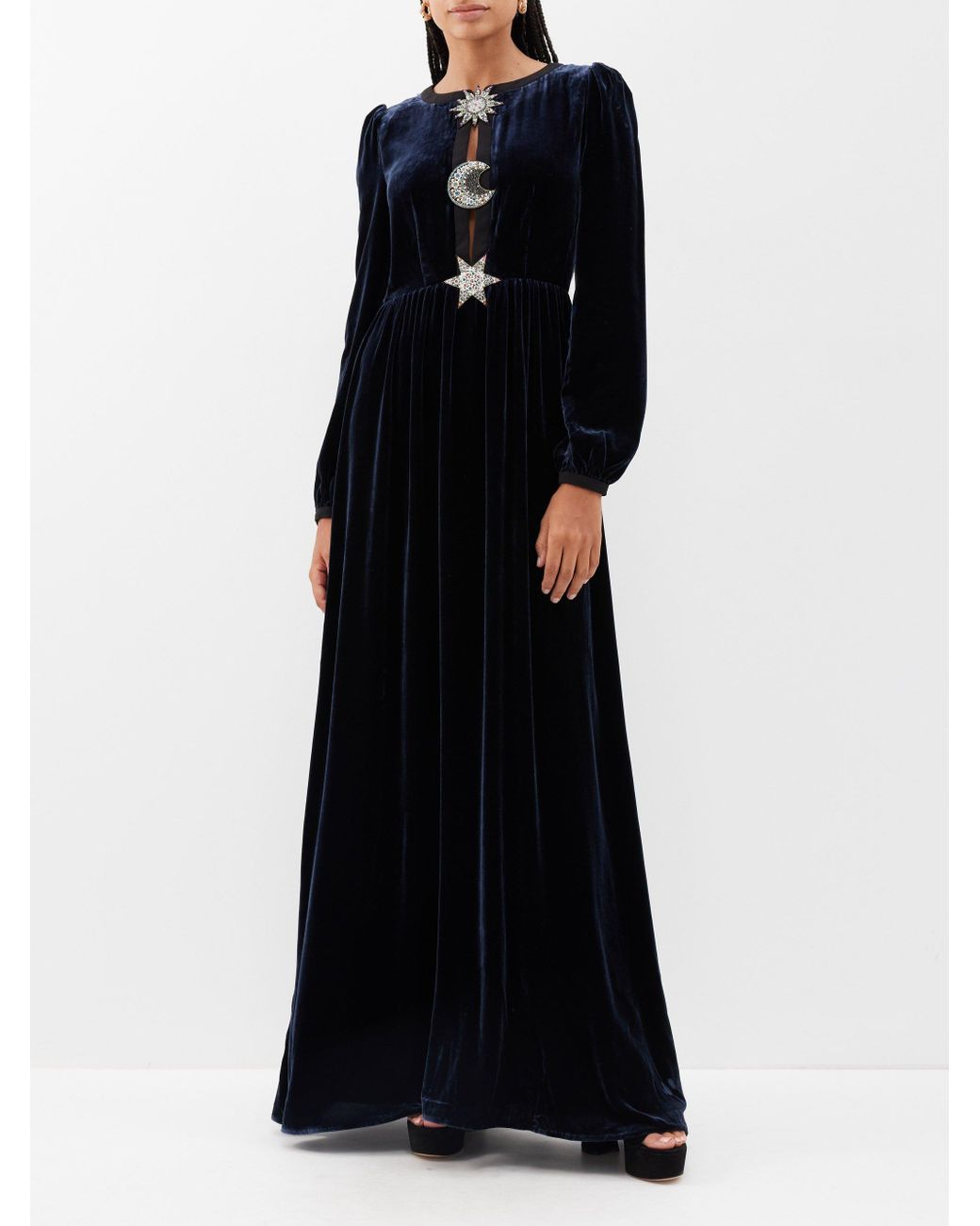 Stylish Brooch Work Designer Blue Color Festive Wear Brocade And Silk Gown