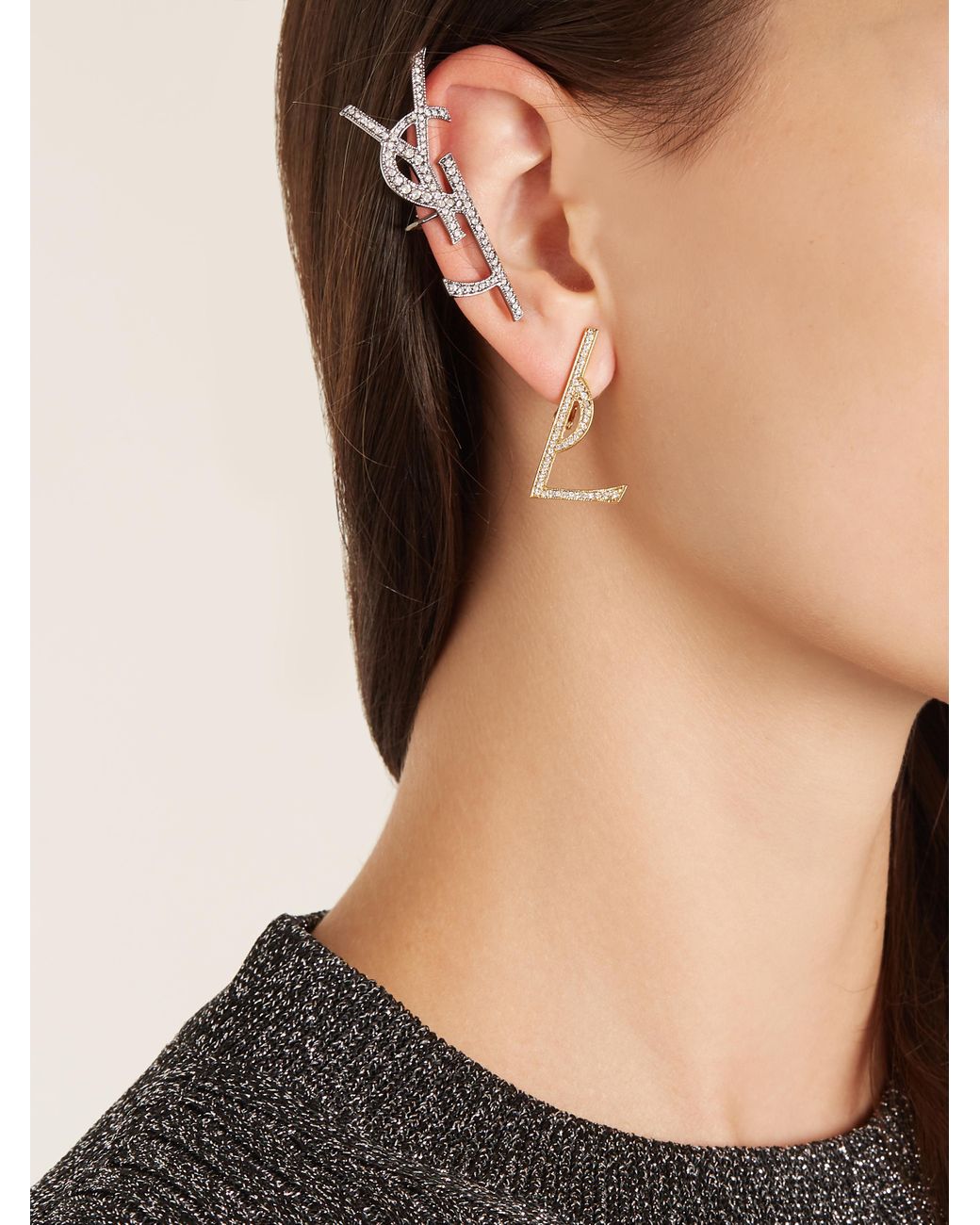 Saint Laurent Silver-tone Crystal Earrings in Natural Womens Earrings and ear cuffs Saint Laurent Earrings and ear cuffs 