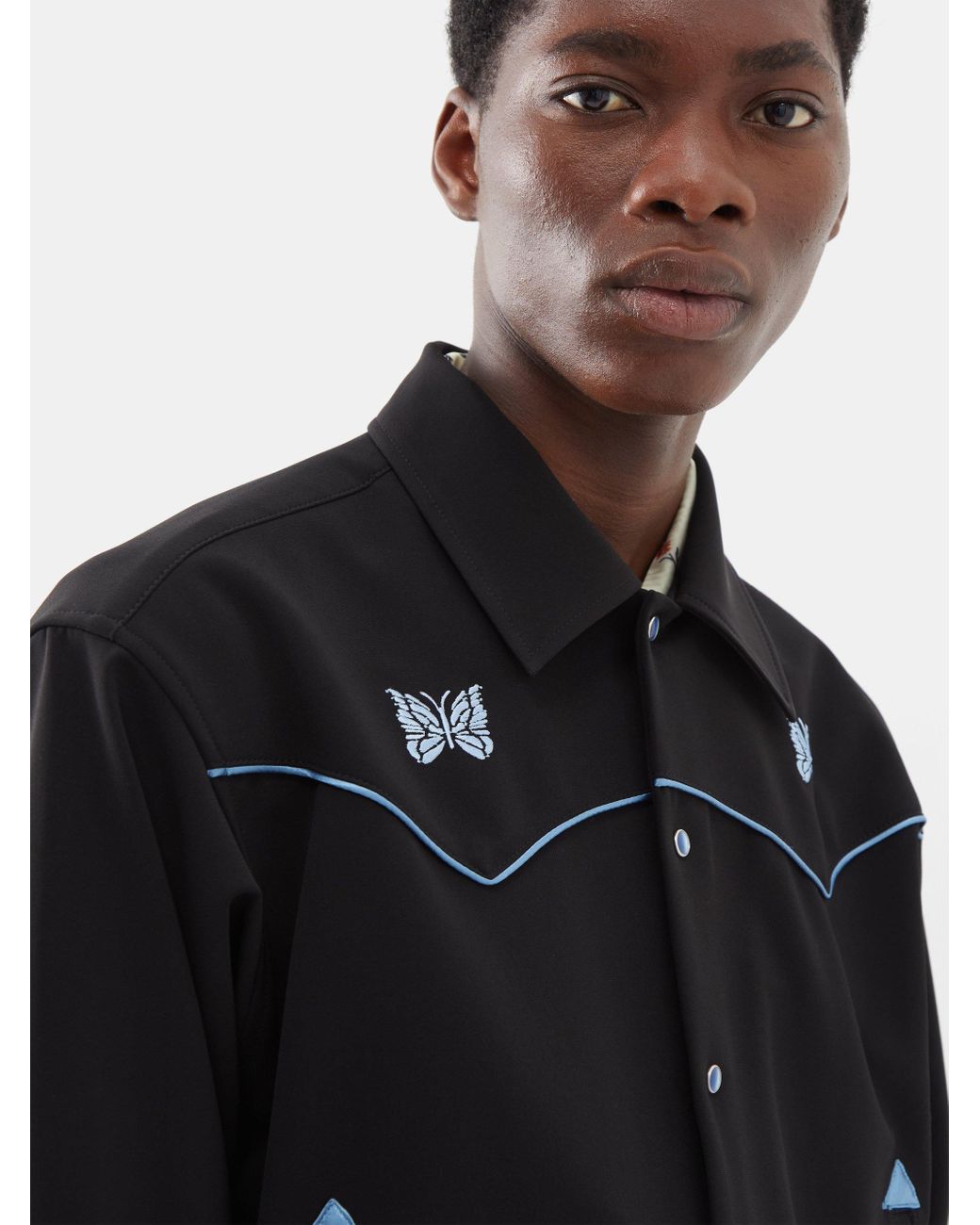 Needles Piping Cowboy Butterfly-embroidered Shirt Jacket in Black