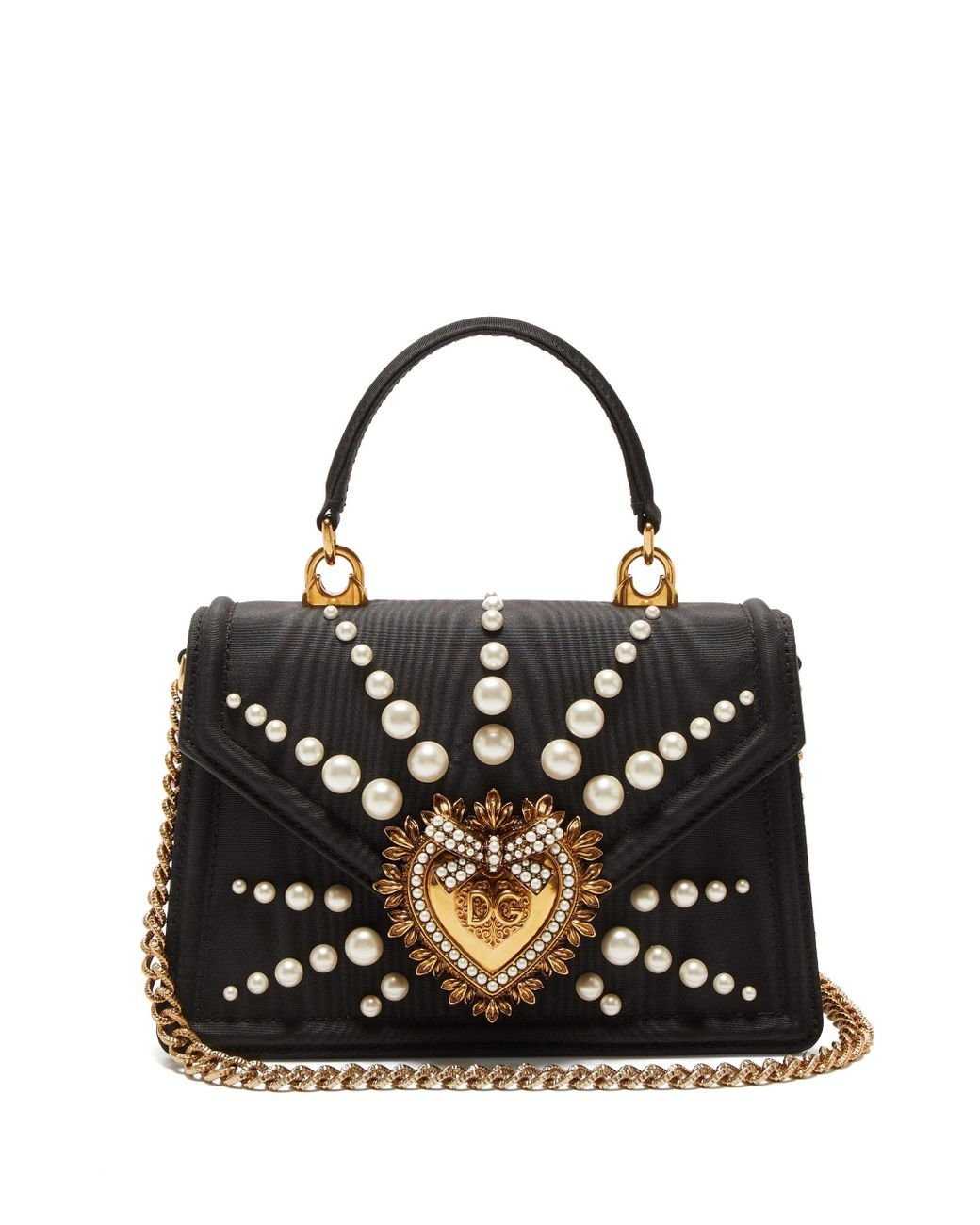 Dolce & Gabbana Devotion Faux Pearl-embellished Moire Bag in Black