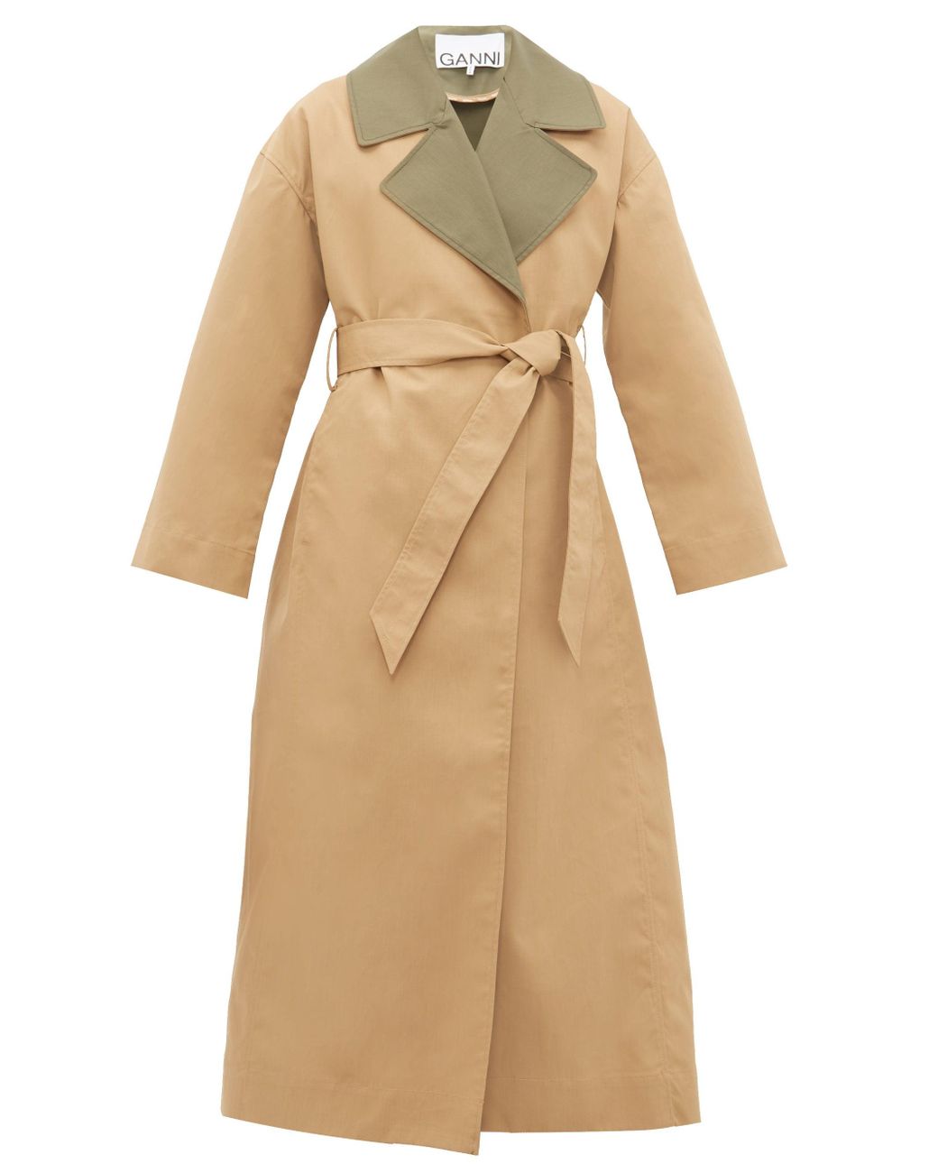 Ganni Contrast Collar Tie-waist Trench Coat in Natural | Lyst