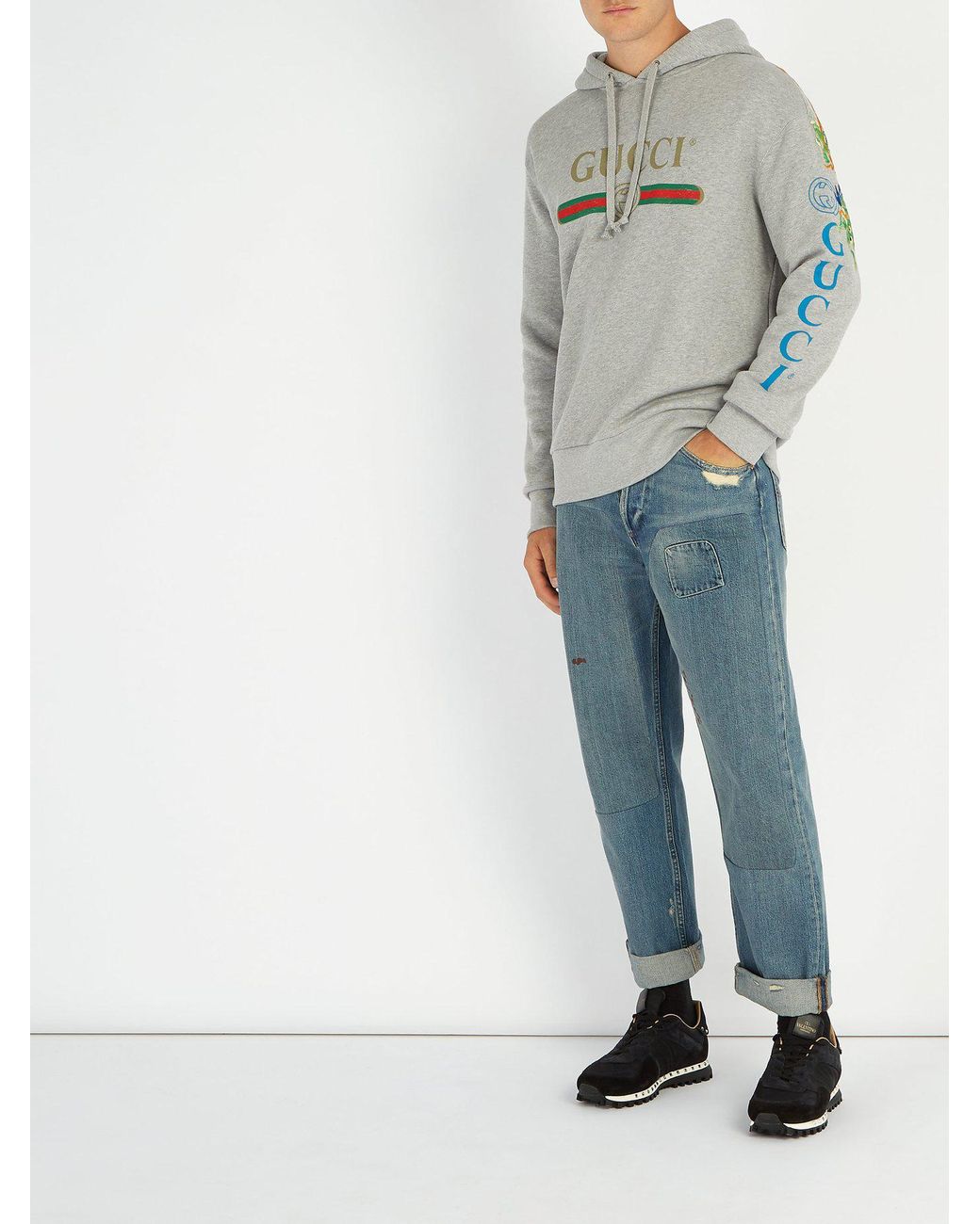 Gucci Dragon And Logo Hooded Sweatshirt in Gray for Men | Lyst