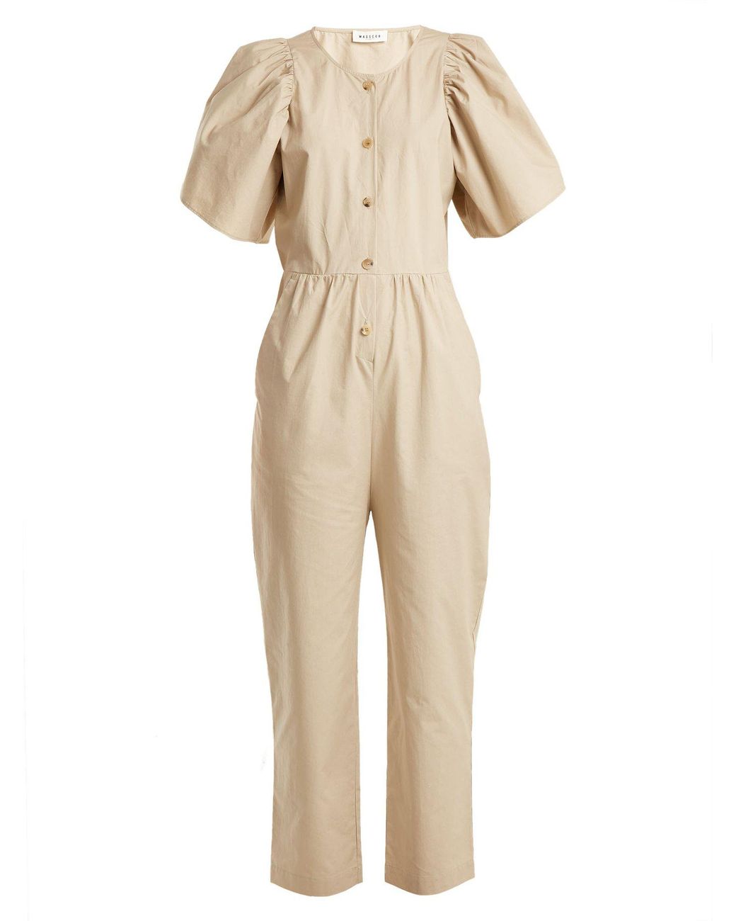 MASSCOB Puff Sleeve High Rise Button Down Cotton Jumpsuit in Natural | Lyst